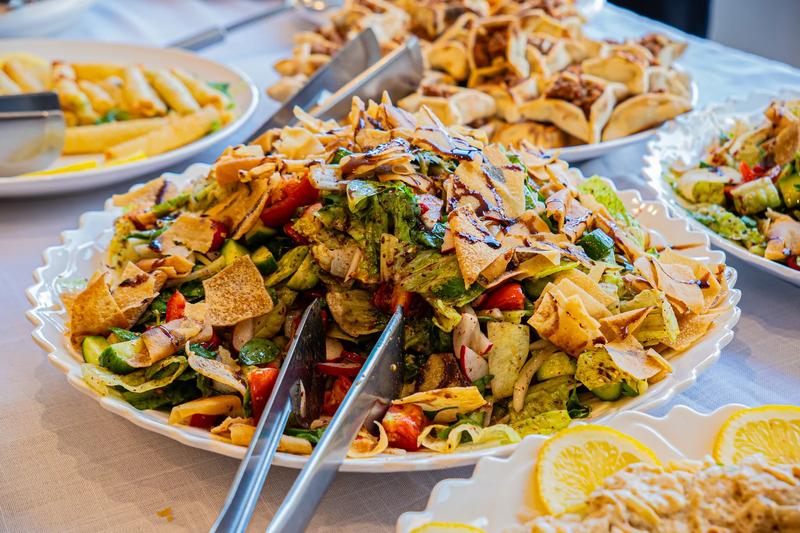 A generous table of Lebanese dishes at Le Pavillon